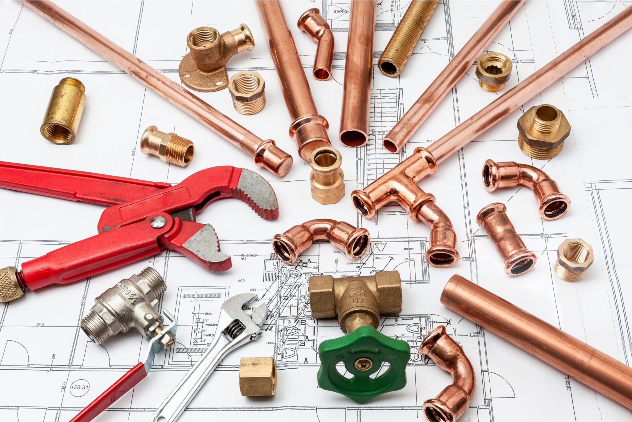 Copper pipes, fittings, valves, and plumbing tools in Pensacola