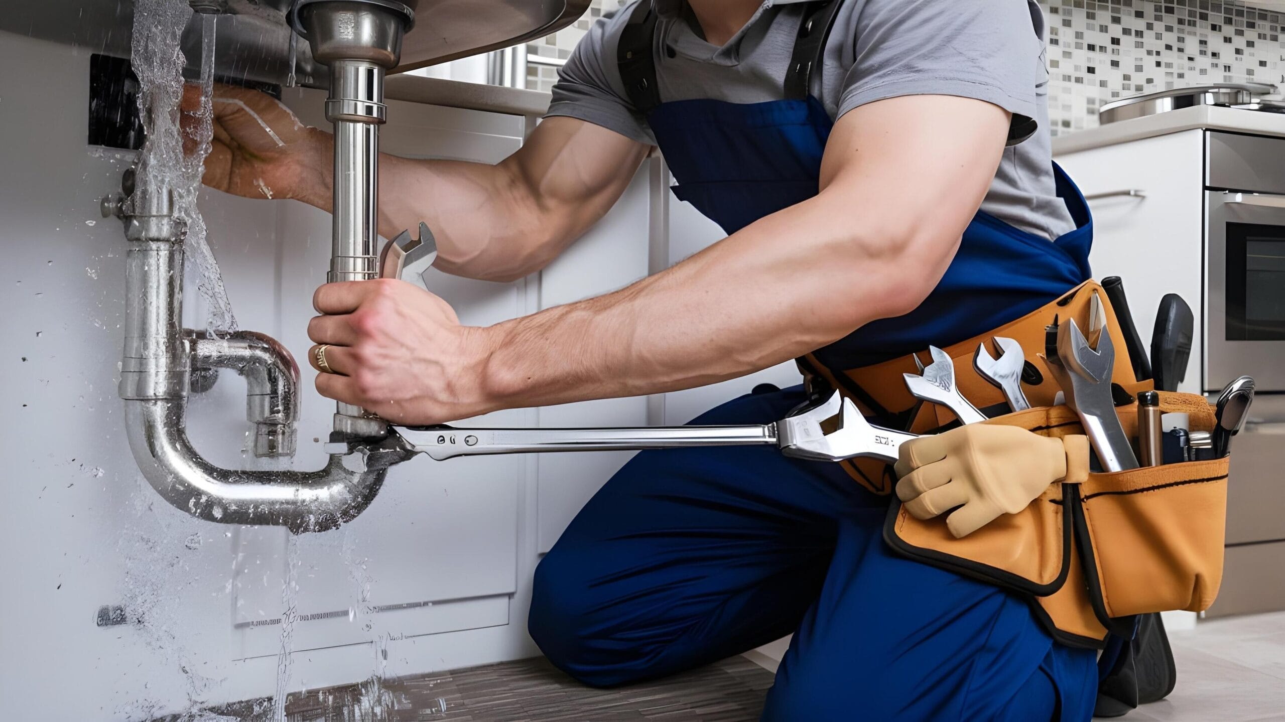 Plumber tightening a residential plumbing pipe in Pensacola