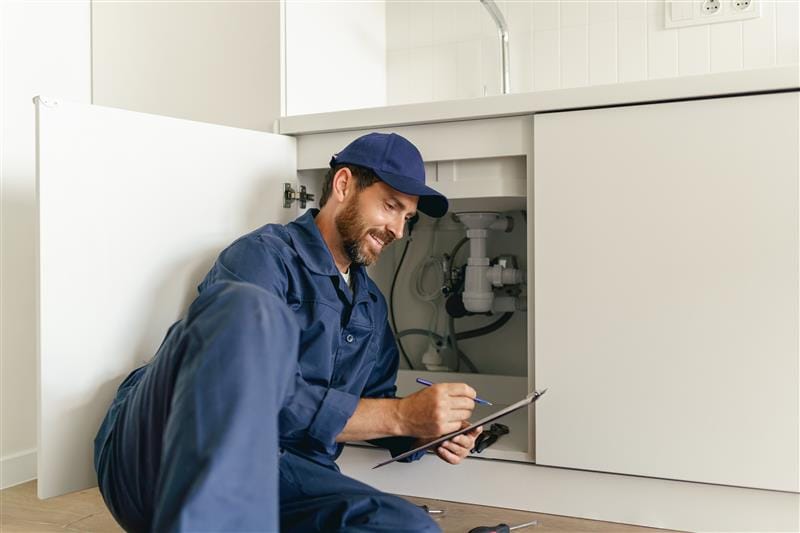 Residential plumber reviewing plumbing repairs in a Pensacola kitchen